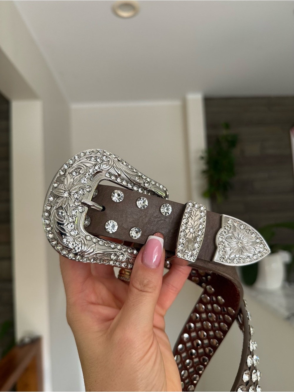 Women's Brown Leather Western Belt with Silver Crystal Buckle